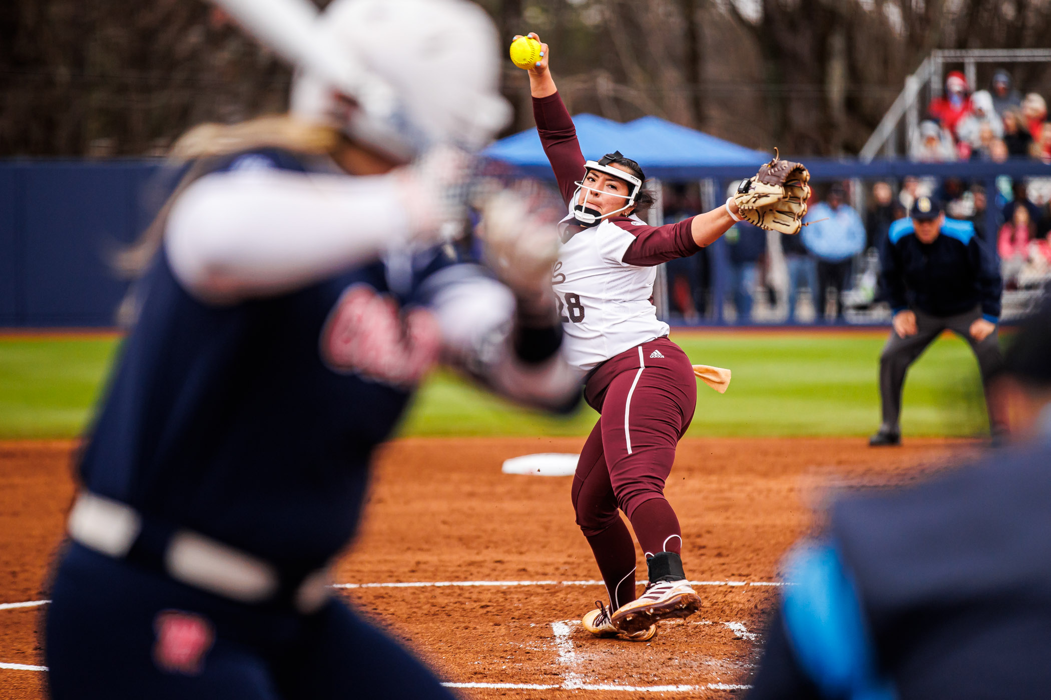 MSU softball pitcher Aspen Wesley prepares to throw a pitch against Ole Miss