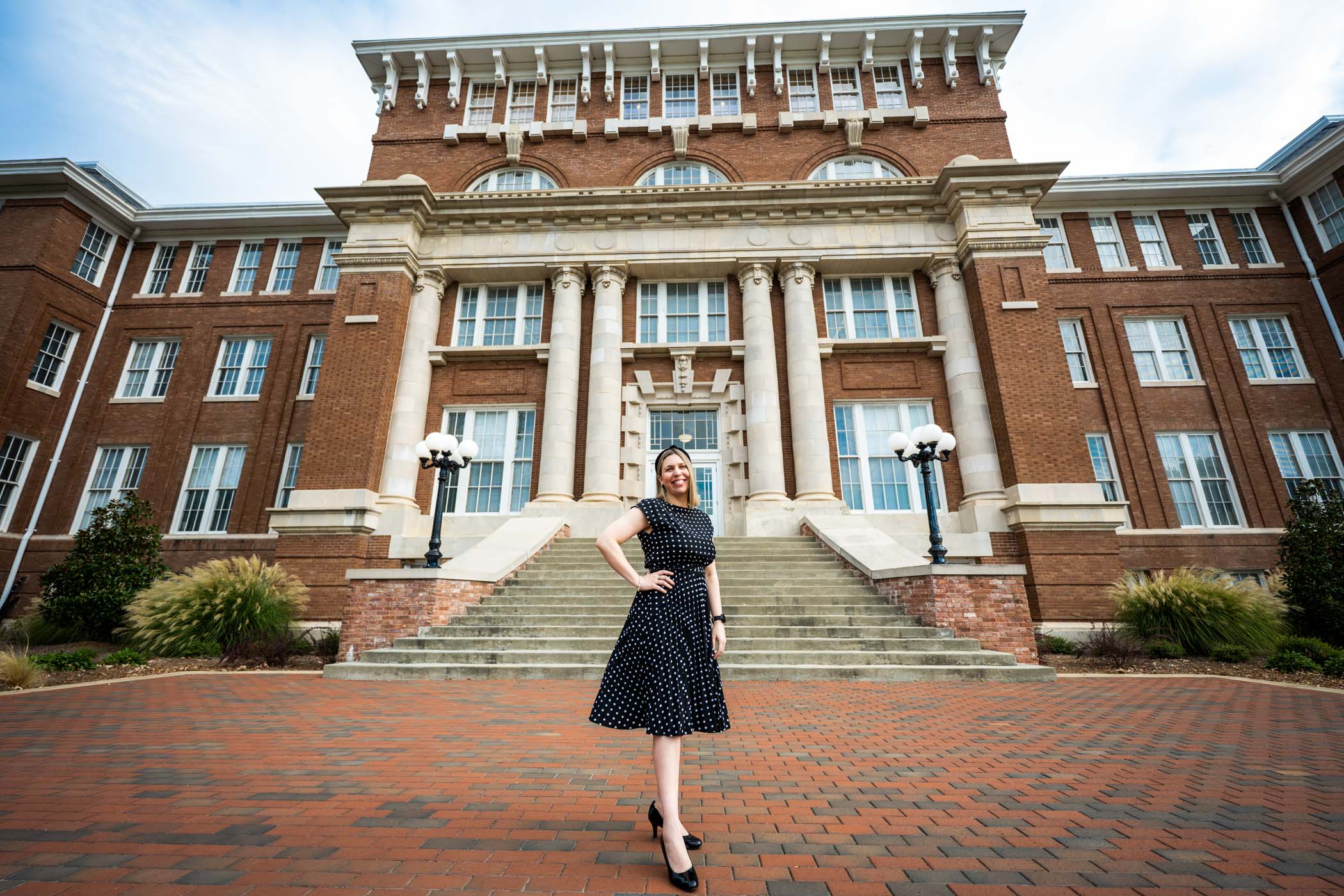 woman in front of building
