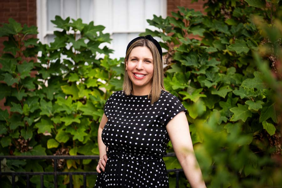 woman in polka dot dress